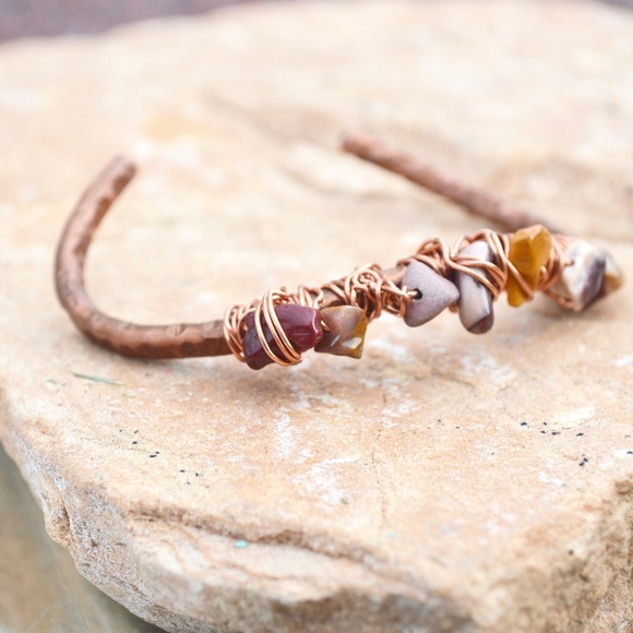 Mookite Jasper Solid Copper Healing Cuff Bracelet Wire Wrapped Bohemian Natural - Picture 4 of 6